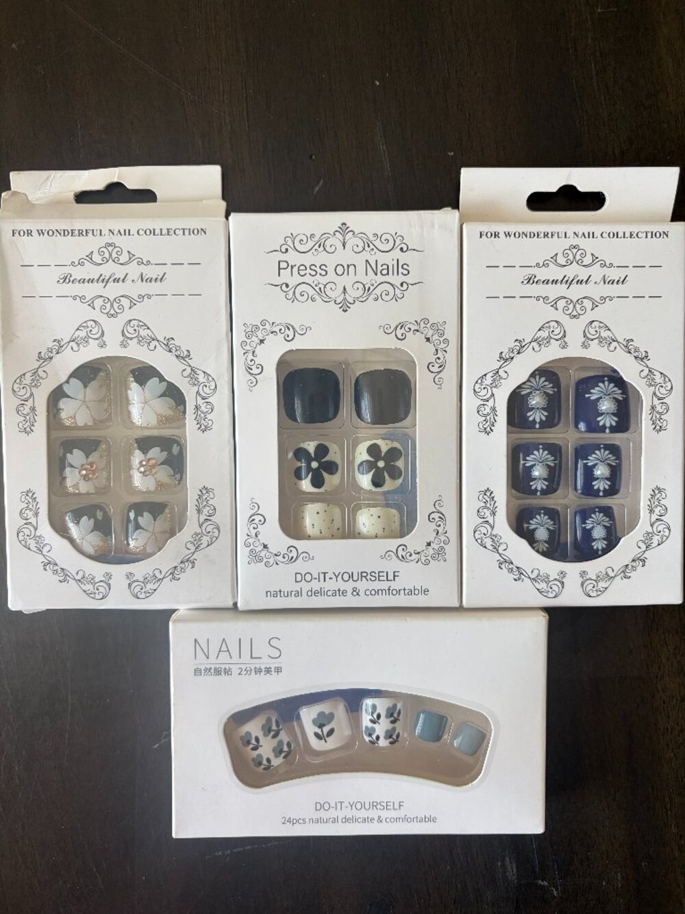 4 full SETS of Press-On-Nails for Toes in Blue and Floral Hues